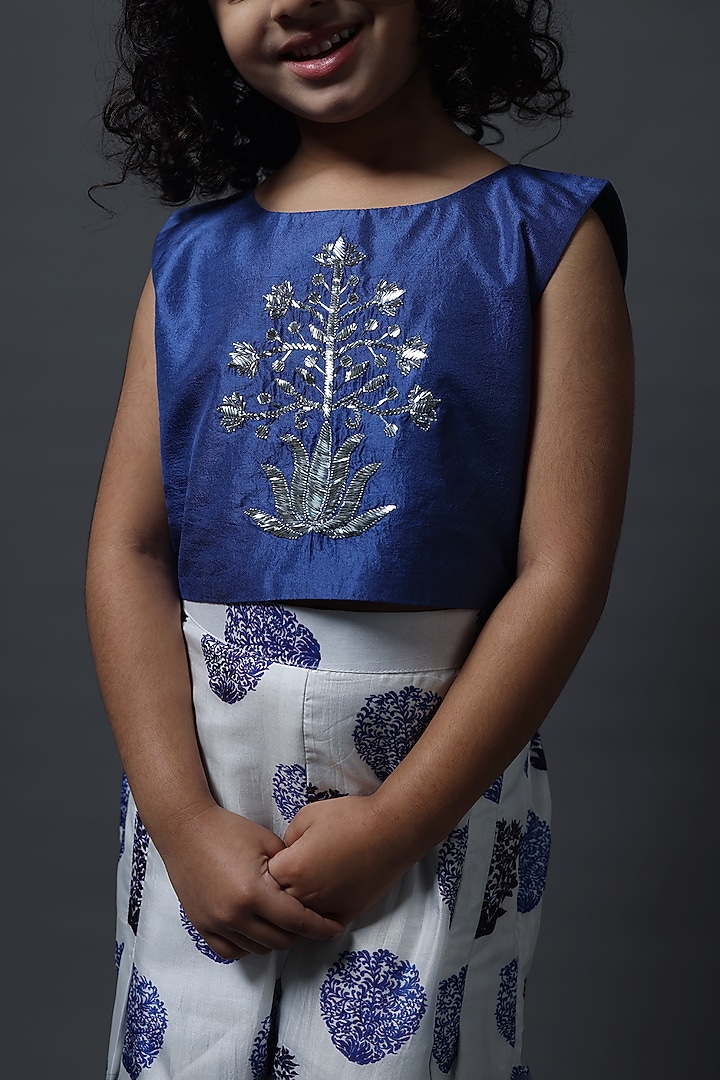 Blue Pure Silk & Viscose Pleated Pant Set For Girls by Thetaa Kids at Pernia's Pop Up Shop