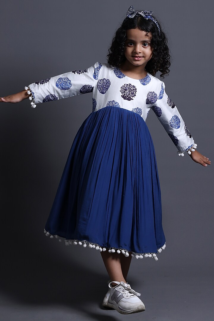 Blue Pure Silk & Viscose Dress For Girls by Thetaa Kids at Pernia's Pop Up Shop