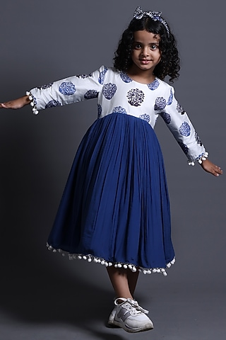 Blue Pure Silk & Viscose Dress For Girls by Thetaa Kids