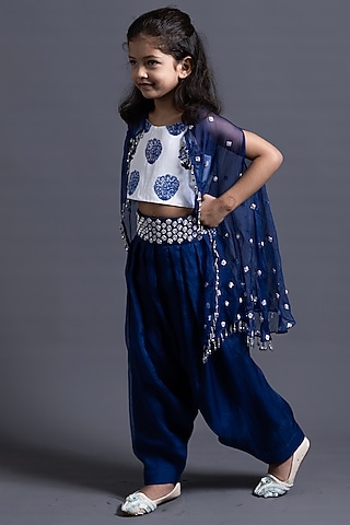 Blue Silk Organza Zardosi Work Cape Set For Girls by Thetaa Kids