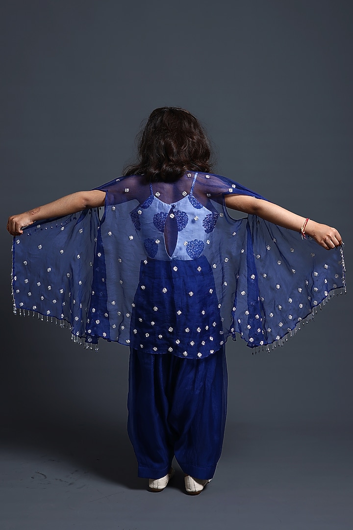 Blue Silk Organza Zardosi Work Cape Set For Girls by Thetaa Kids at Pernia's Pop Up Shop