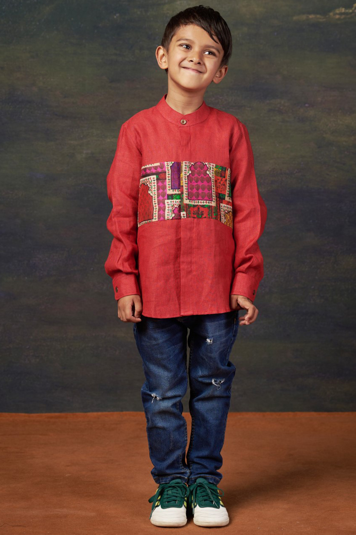 Red Linen & Pure Silk Shirt For Boys by Thetaa Kids