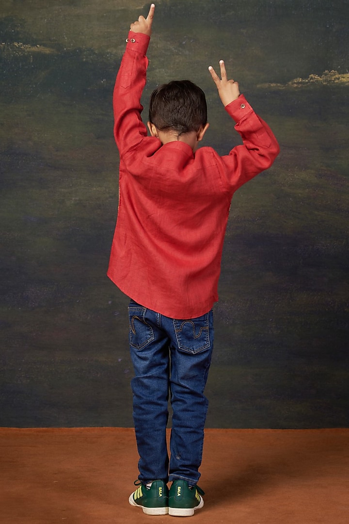 Red Linen & Pure Silk Shirt For Boys by Thetaa Kids at Pernia's Pop Up Shop