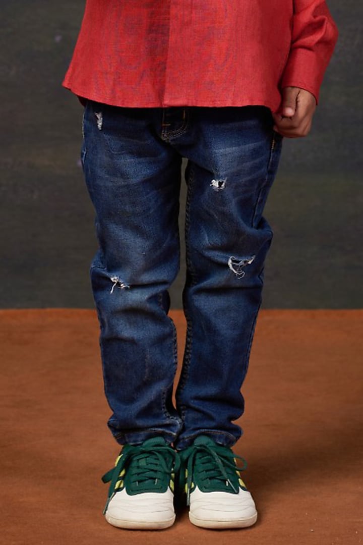 Red Linen & Pure Silk Shirt For Boys by Thetaa Kids at Pernia's Pop Up Shop