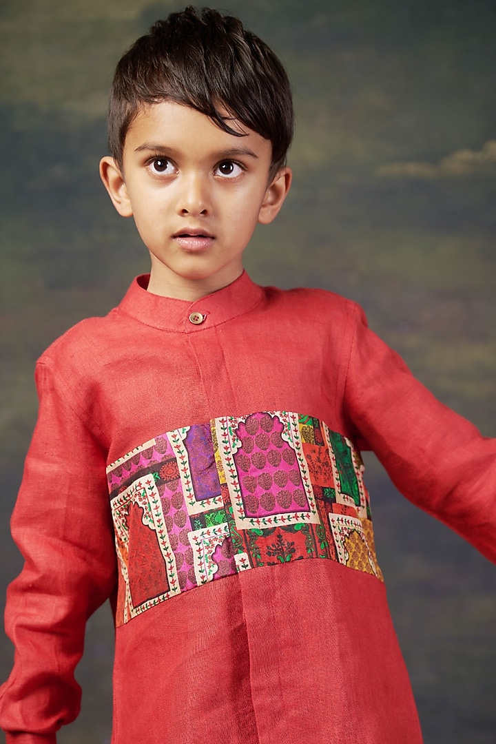 Red Linen & Pure Silk Shirt For Boys by Thetaa Kids at Pernia's Pop Up Shop