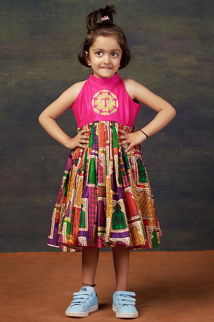 Pink Pure Silk & Shantoon Hand Embroidered Dress For Girls by Thetaa Kids at Pernia's Pop Up Shop