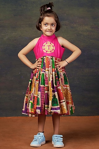 Pink Pure Silk & Shantoon Hand Embroidered Dress For Girls by Thetaa Kids