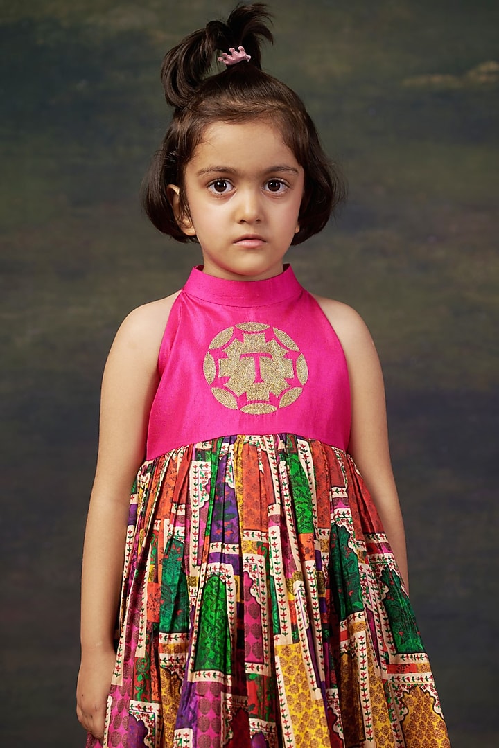 Pink Pure Silk & Shantoon Hand Embroidered Dress For Girls by Thetaa Kids at Pernia's Pop Up Shop