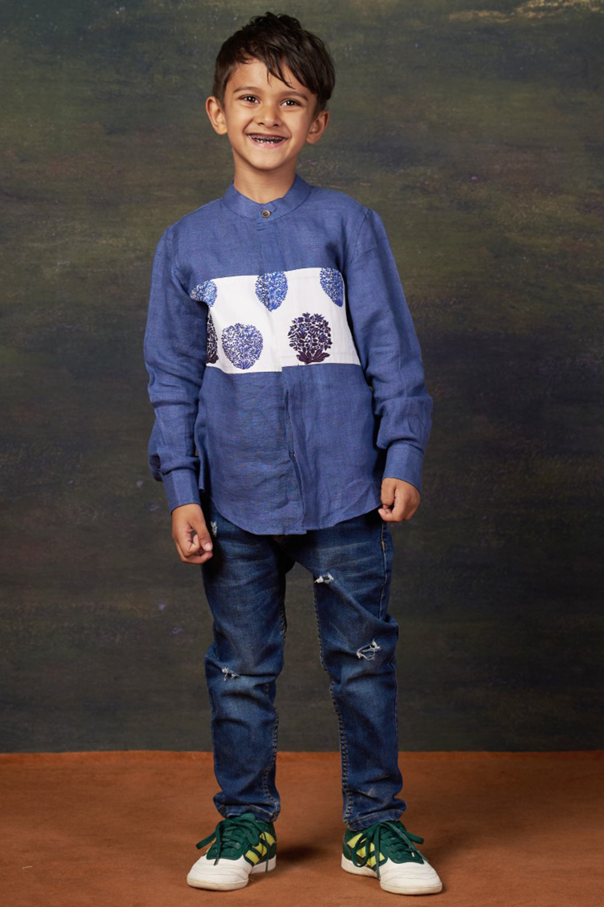 Blue Linen & Pure Silk Butta Printed Shirt For Boys by Thetaa Kids