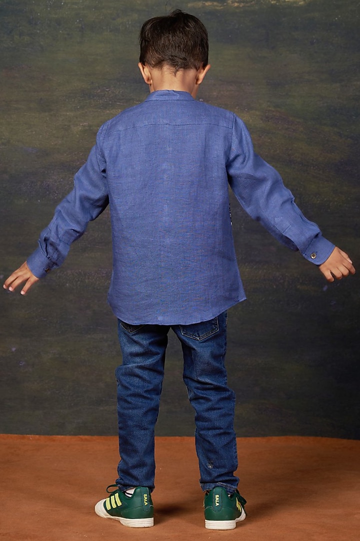Blue Linen & Pure Silk Butta Printed Shirt For Boys by Thetaa Kids at Pernia's Pop Up Shop