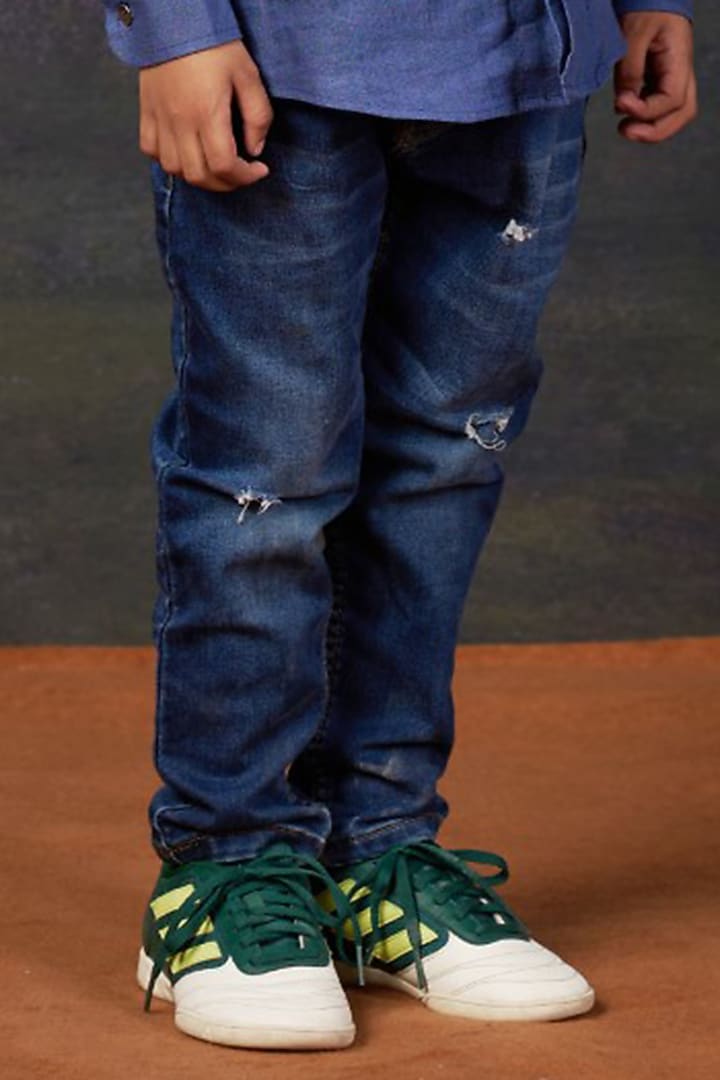 Blue Linen & Pure Silk Butta Printed Shirt For Boys by Thetaa Kids at Pernia's Pop Up Shop