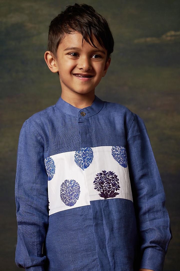 Blue Linen & Pure Silk Butta Printed Shirt For Boys by Thetaa Kids at Pernia's Pop Up Shop