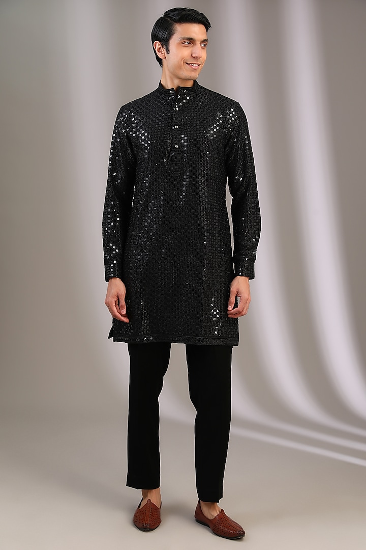 Black Chiffon Sequins Embroidered Kurta Set by Manoviraj Khosla at Pernia's Pop Up Shop