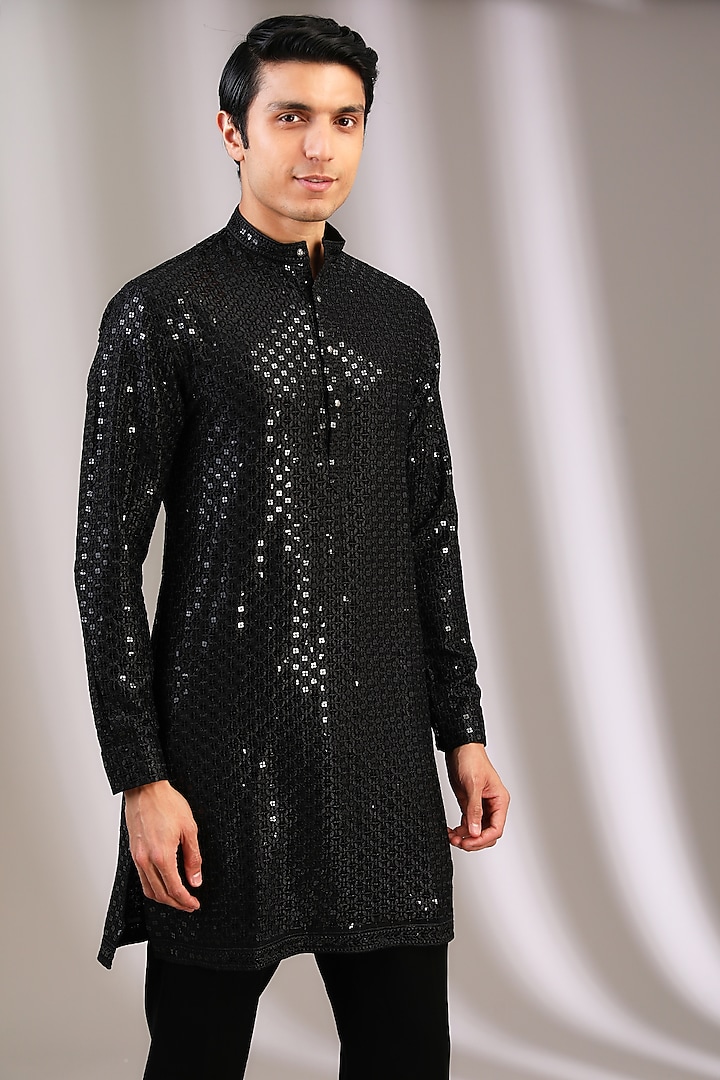 Black Chiffon Sequins Embroidered Kurta Set by Manoviraj Khosla at Pernia's Pop Up Shop