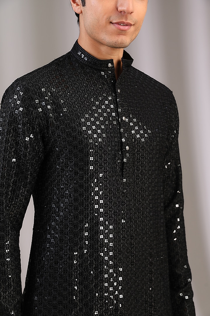 Black Chiffon Sequins Embroidered Kurta Set by Manoviraj Khosla at Pernia's Pop Up Shop