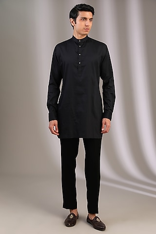 Black Polyester Kurta Set by Manoviraj Khosla