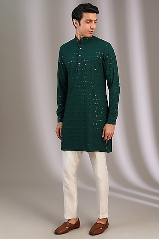 Green Chiffon Sequins Embroidered Kurta Set by Manoviraj Khosla
