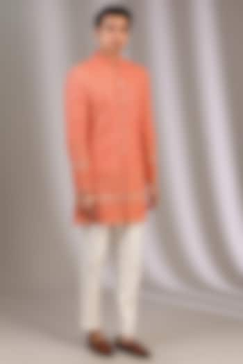 Orange Chiffon Hand & Machine Embroidered Sherwani by Manoviraj Khosla