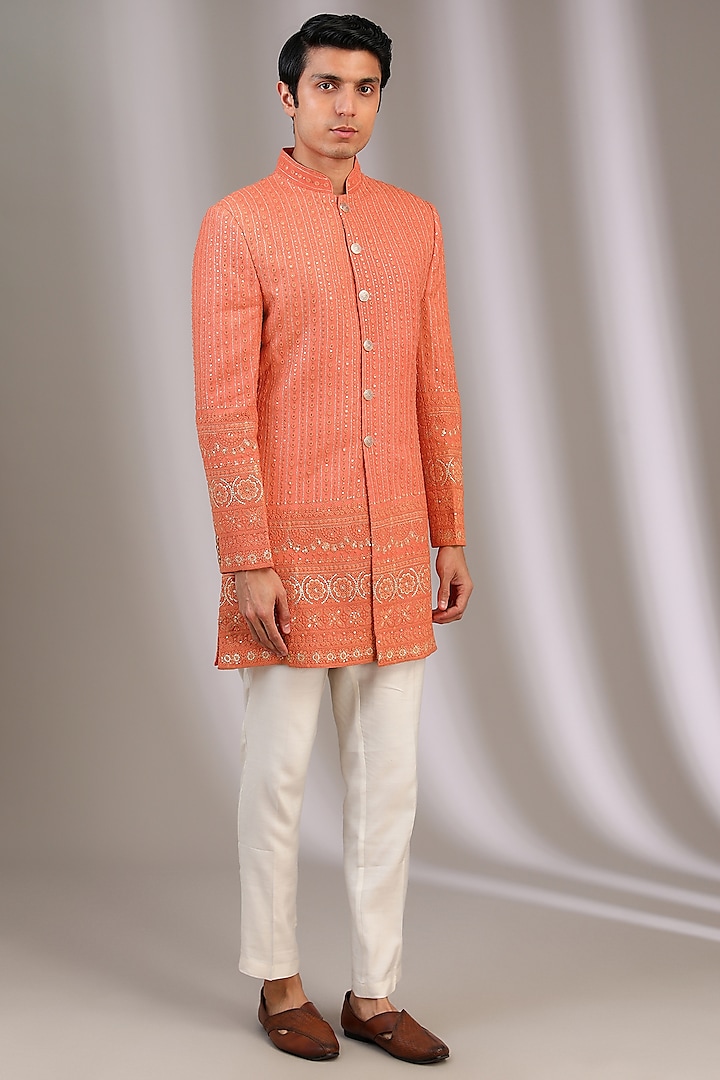 Orange Chiffon Hand & Machine Embroidered Sherwani by Manoviraj Khosla