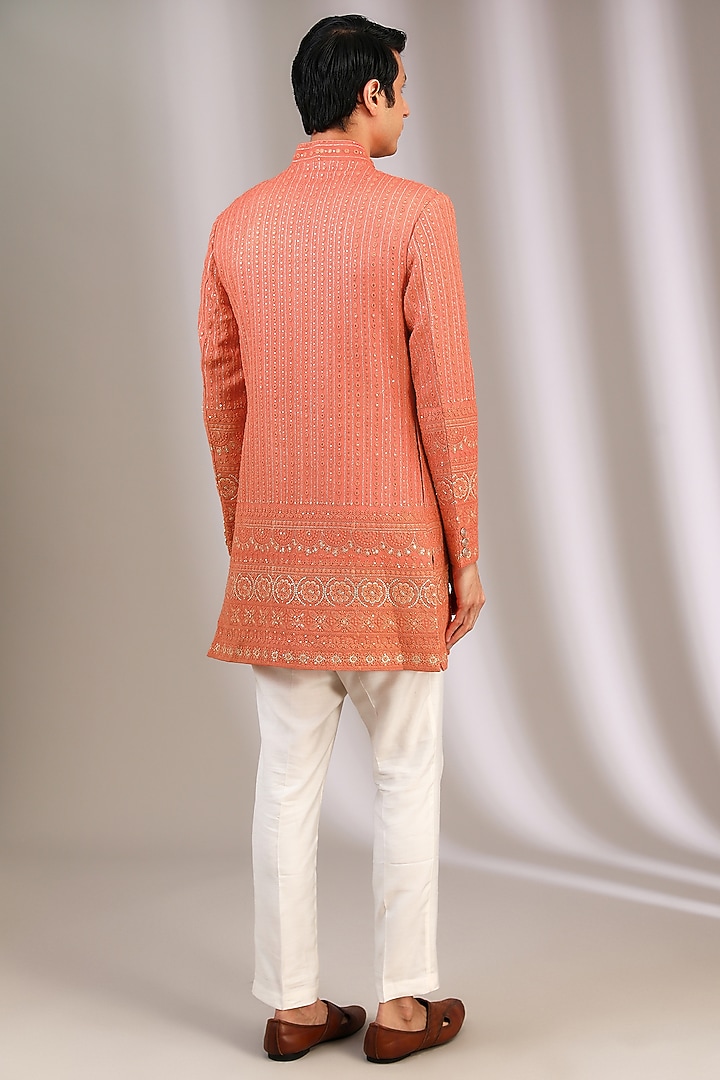 Orange Chiffon Hand & Machine Embroidered Groom Sherwani by Manoviraj Khosla at Pernia's Pop Up Shop