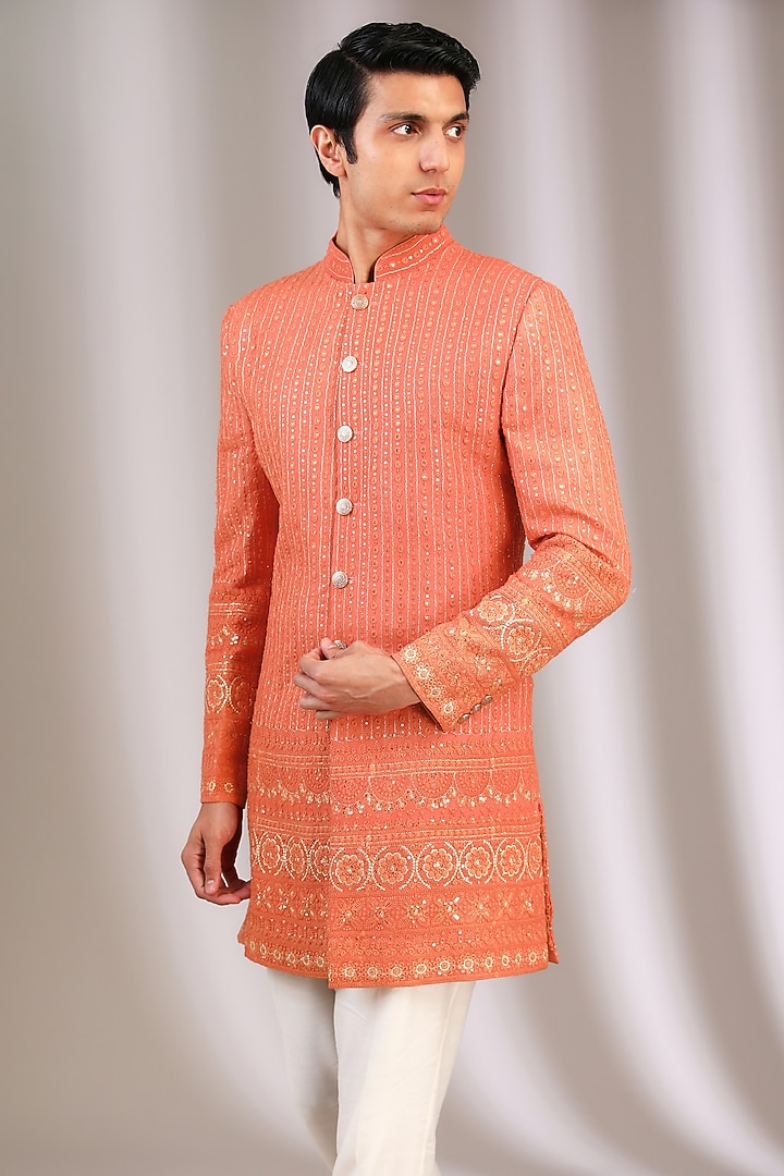 Orange Chiffon Hand & Machine Embroidered Groom Sherwani by Manoviraj Khosla at Pernia's Pop Up Shop