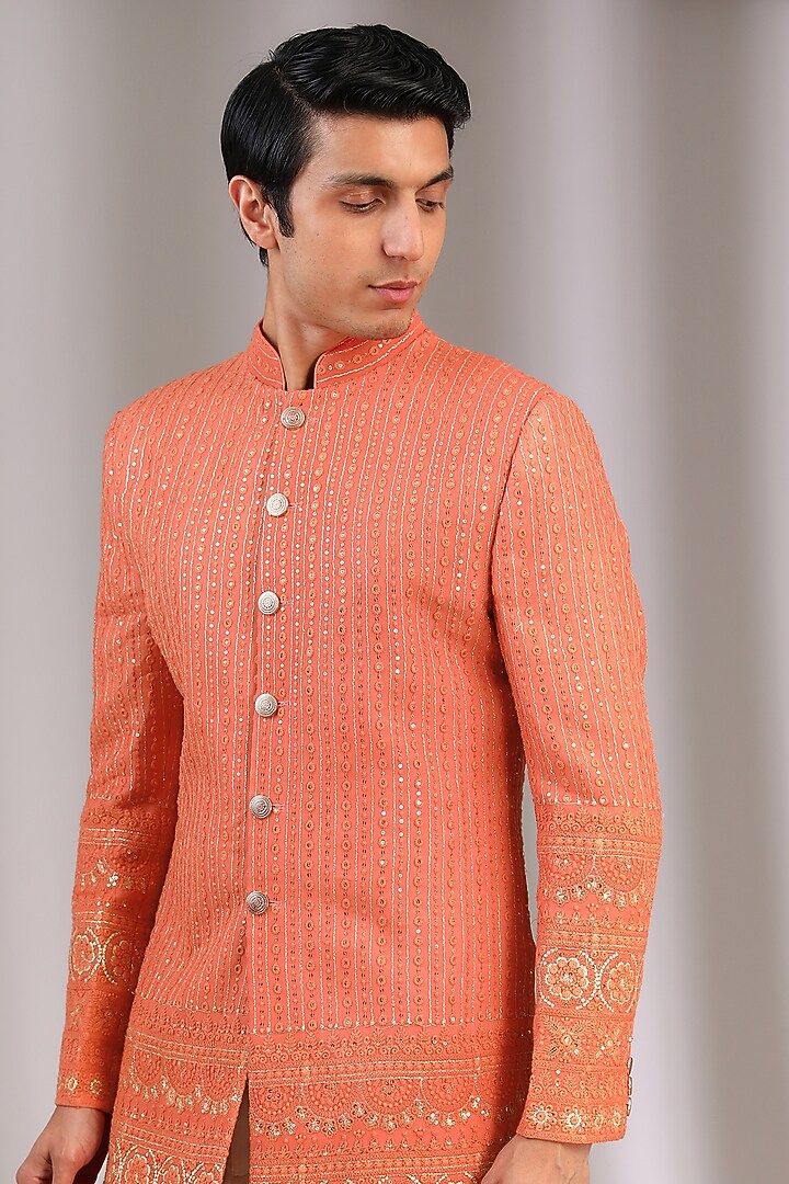 Orange Chiffon Hand & Machine Embroidered Groom Sherwani by Manoviraj Khosla at Pernia's Pop Up Shop