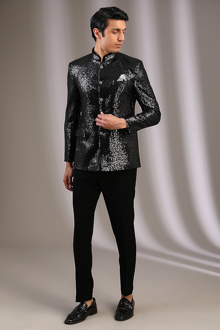 Black Polyester Bandhgala by Manoviraj Khosla