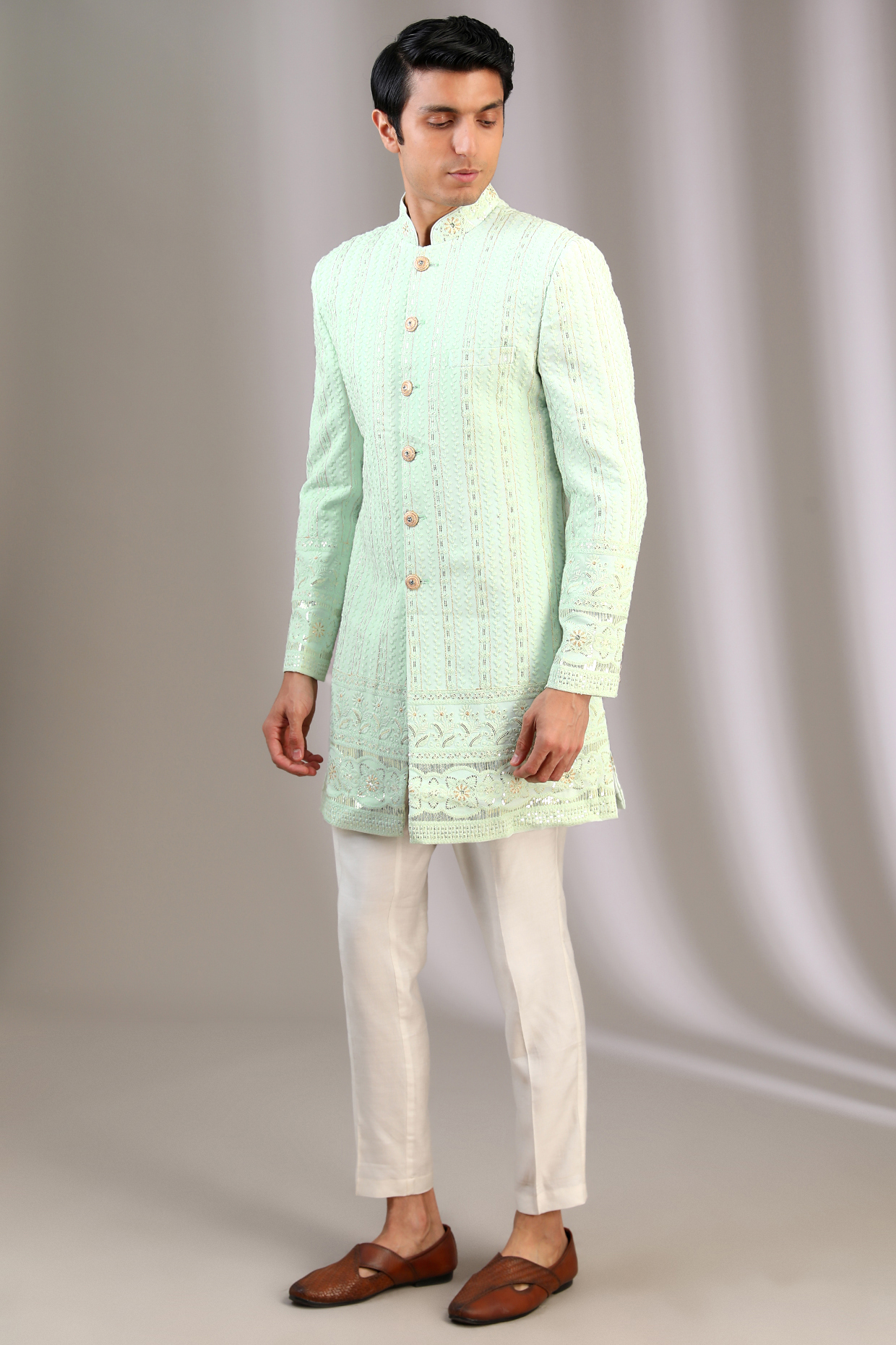 Sea Green Chiffon Hand & Machine Embroidered Groom Sherwani by Manoviraj Khosla at Pernia's Pop Up Shop