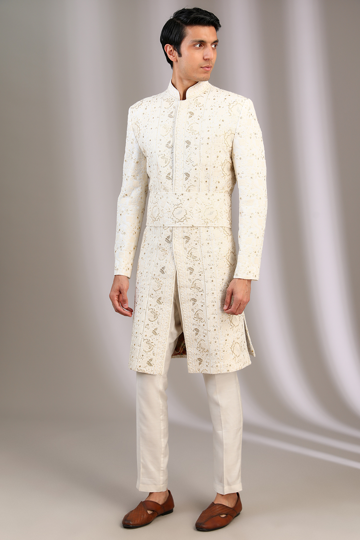 White Chiffon Hand & Machine Embroidered Groom Sherwani by Manoviraj Khosla at Pernia's Pop Up Shop