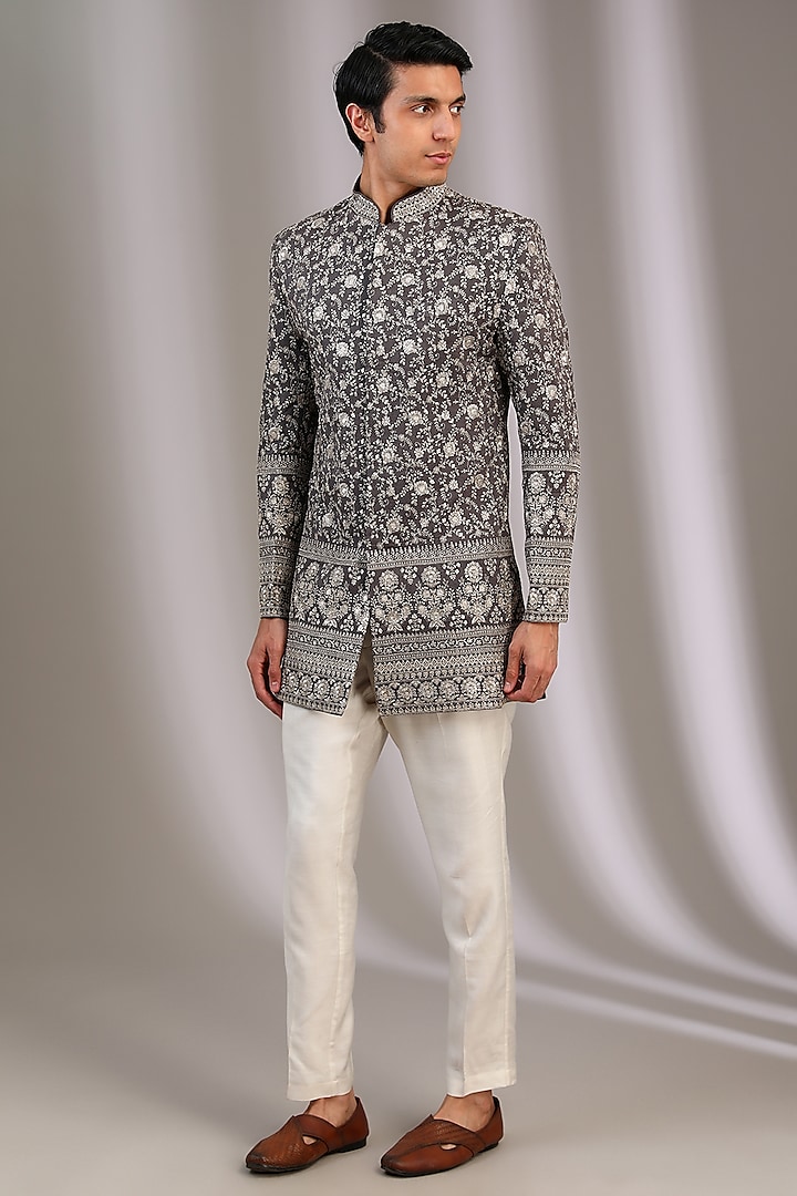 Grey Chiffon Zari Embroidered Wedding Sherwani by Manoviraj Khosla at Pernia's Pop Up Shop