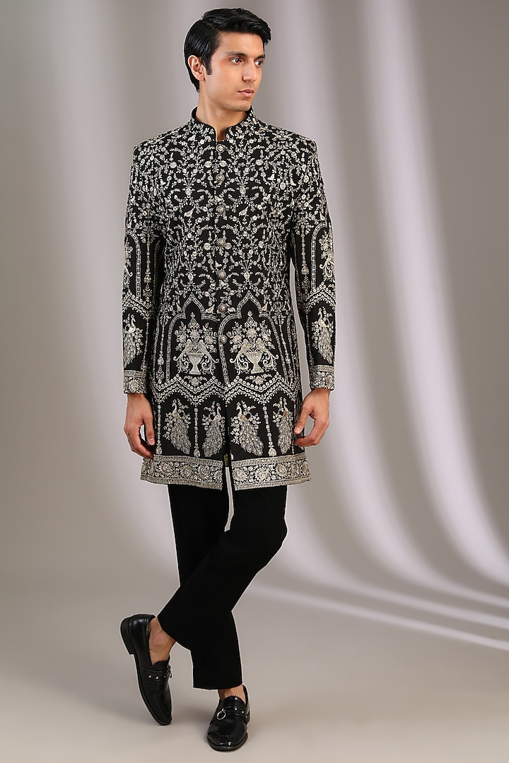 Black Chiffon Zari Embroidered Wedding Sherwani by Manoviraj Khosla at Pernia's Pop Up Shop