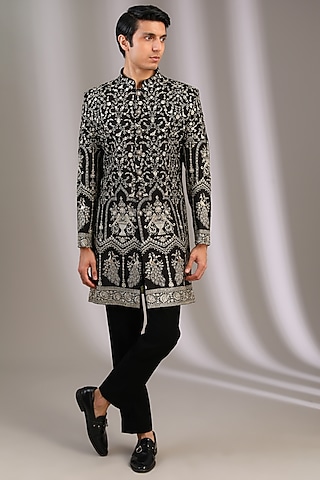 Black Chiffon Zari Embroidered Sherwani by Manoviraj Khosla