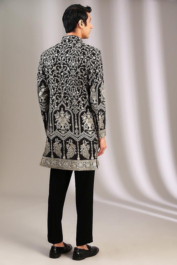 Black Chiffon Zari Embroidered Wedding Sherwani by Manoviraj Khosla at Pernia's Pop Up Shop