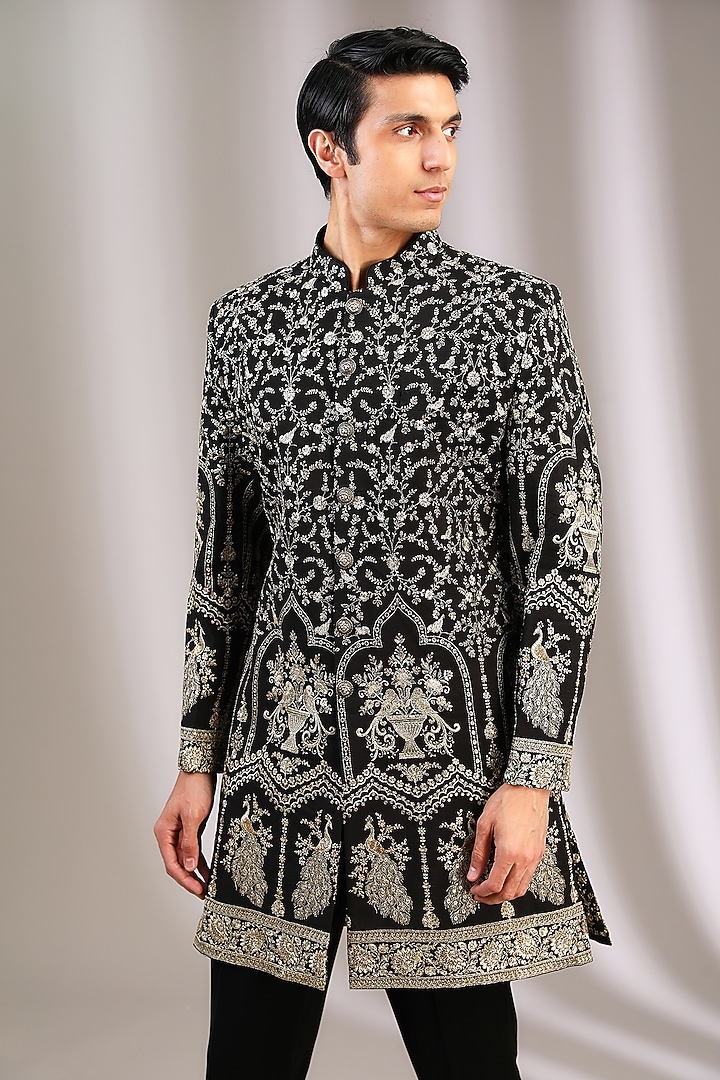 Black Chiffon Zari Embroidered Wedding Sherwani by Manoviraj Khosla at Pernia's Pop Up Shop