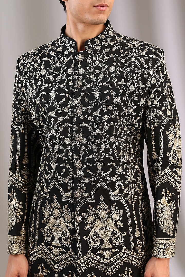 Black Chiffon Zari Embroidered Wedding Sherwani by Manoviraj Khosla at Pernia's Pop Up Shop