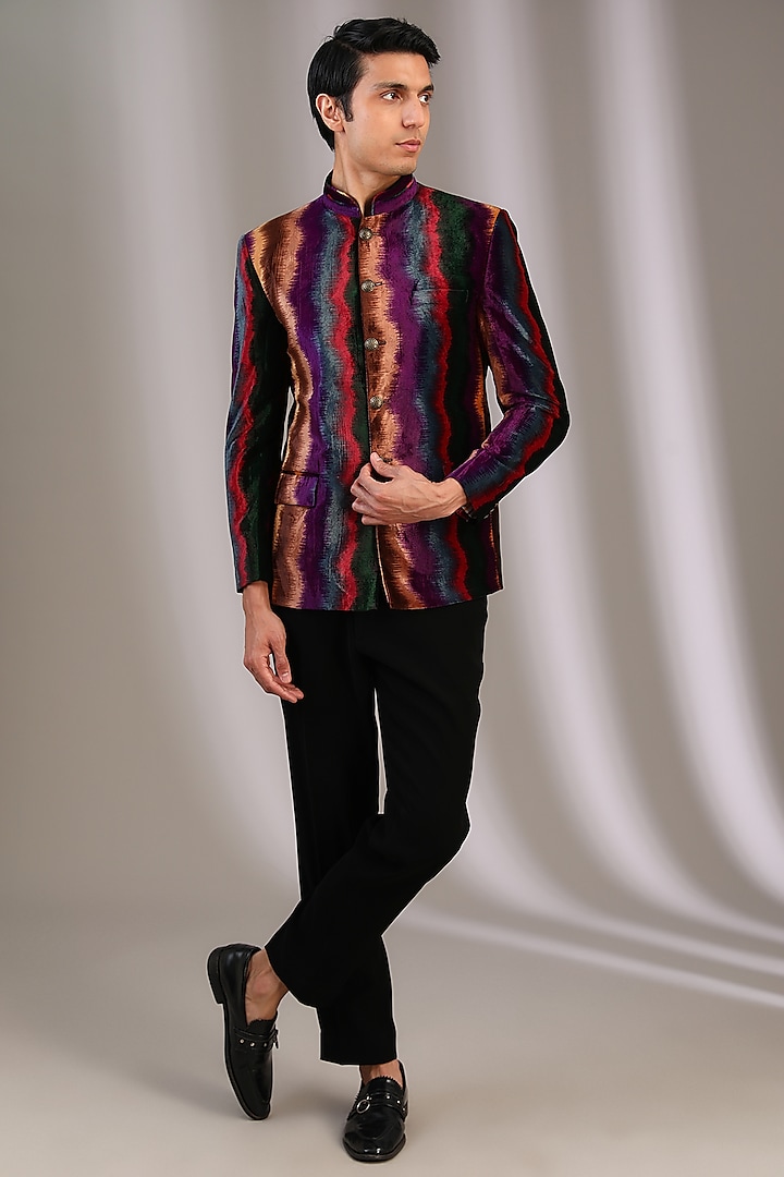 Multi-Colored Velvet Bandhgala by Manoviraj Khosla at Pernia's Pop Up Shop