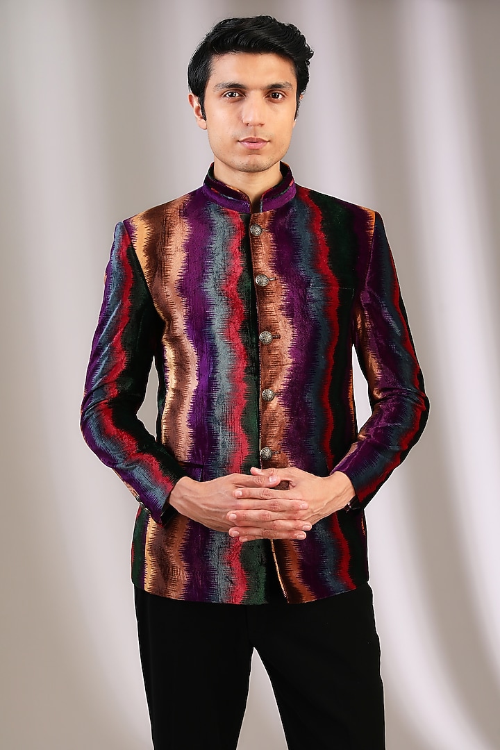 Multi-Colored Velvet Wedding Bandhgala by Manoviraj Khosla at Pernia's Pop Up Shop