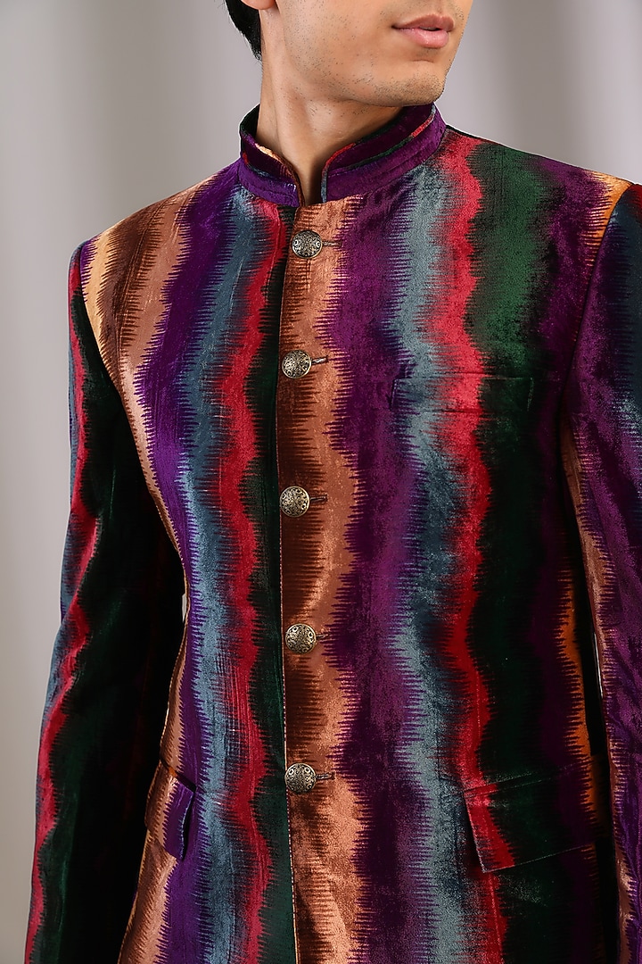 Multi-Colored Velvet Wedding Bandhgala by Manoviraj Khosla at Pernia's Pop Up Shop