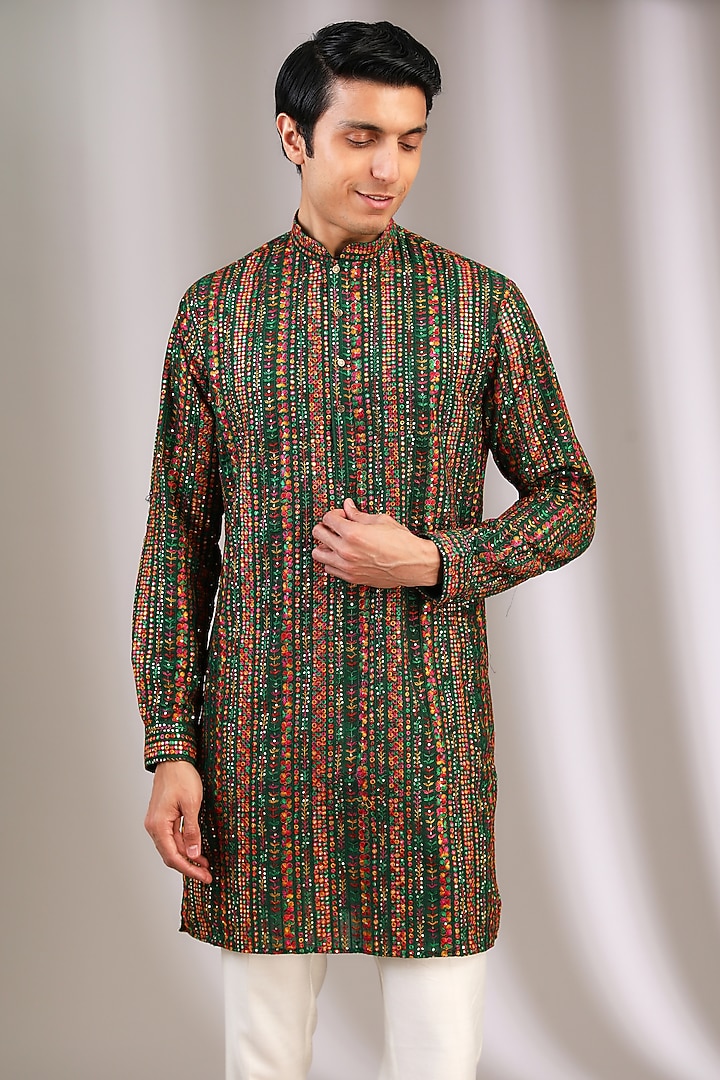 Multi-Colored Chiffon Sequins Embroidered Kurta by Manoviraj Khosla at Pernia's Pop Up Shop