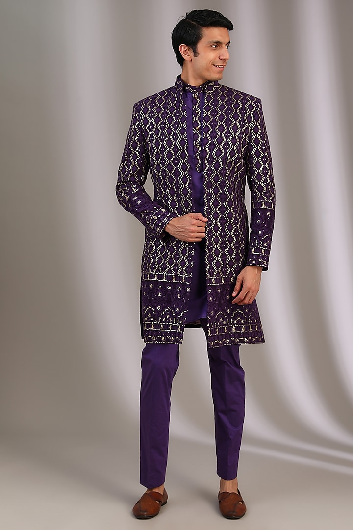 Purple Chiffon Zari Embroidered Sherwani by Manoviraj Khosla