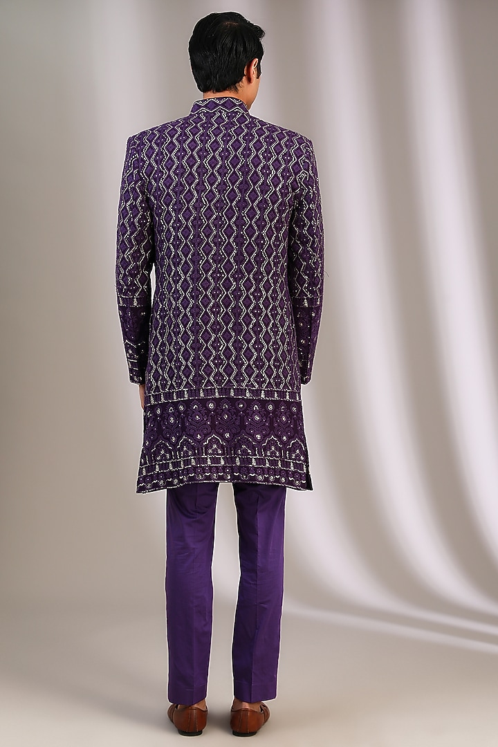 Purple Chiffon Zari Embroidered Groom Sherwani by Manoviraj Khosla at Pernia's Pop Up Shop