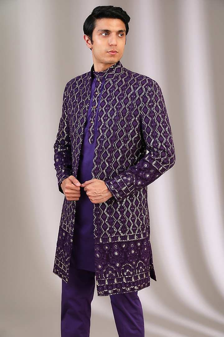 Purple Chiffon Zari Embroidered Groom Sherwani by Manoviraj Khosla at Pernia's Pop Up Shop