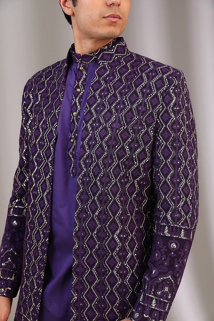 Purple Chiffon Zari Embroidered Groom Sherwani by Manoviraj Khosla at Pernia's Pop Up Shop