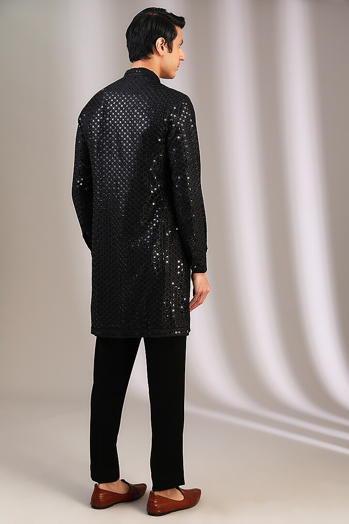 Black Chiffon Sequins Embroidered Kurta by Manoviraj Khosla at Pernia's Pop Up Shop