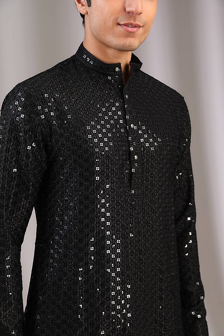 Black Chiffon Sequins Embroidered Kurta by Manoviraj Khosla at Pernia's Pop Up Shop