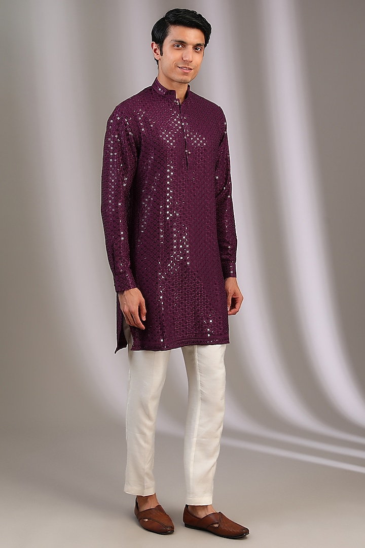 Maroon Chiffon Sequins Embroidered Kurta Set by Manoviraj Khosla at Pernia's Pop Up Shop