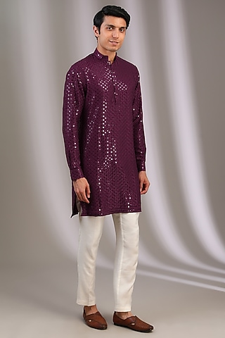 Maroon Chiffon Sequins Embroidered Kurta Set by Manoviraj Khosla