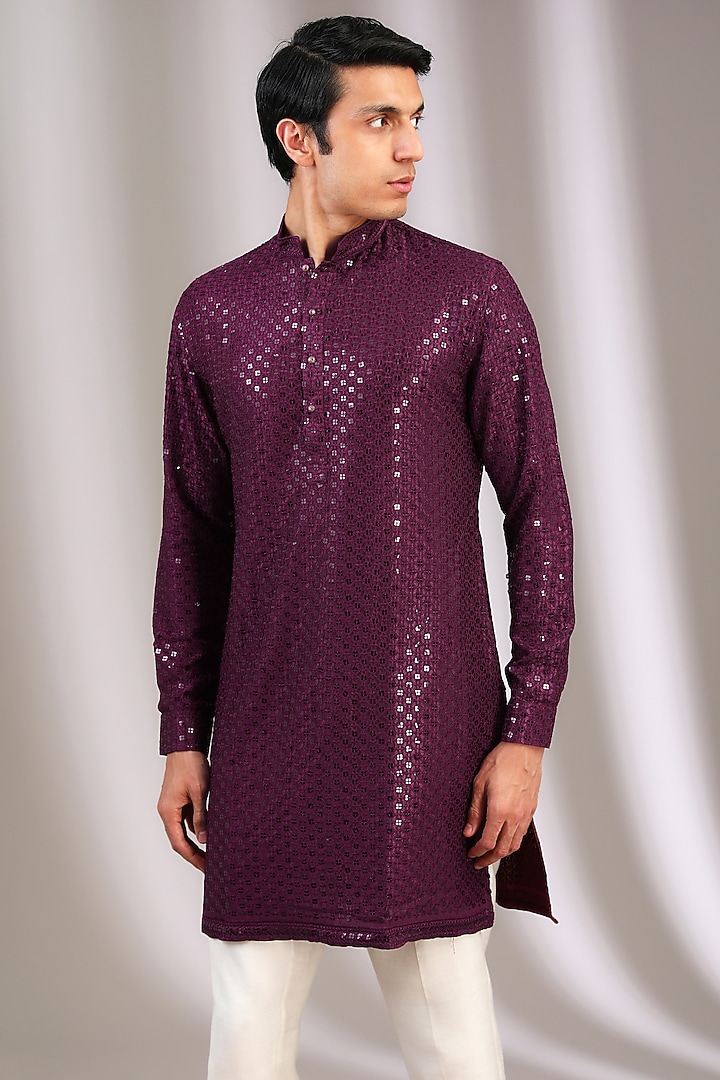 Maroon Chiffon Sequins Embroidered Kurta Set by Manoviraj Khosla at Pernia's Pop Up Shop