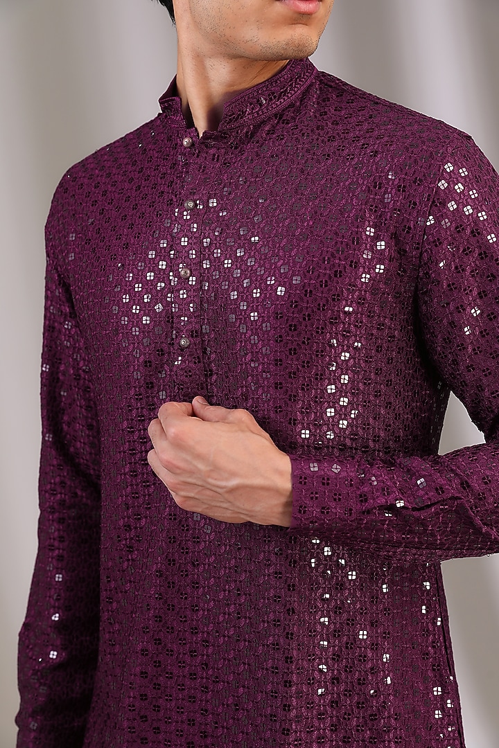 Maroon Chiffon Sequins Embroidered Kurta Set by Manoviraj Khosla at Pernia's Pop Up Shop