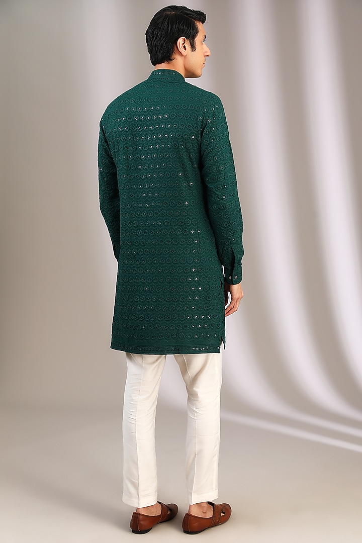 Green Chiffon Sequins Embroidered Kurta by Manoviraj Khosla at Pernia's Pop Up Shop